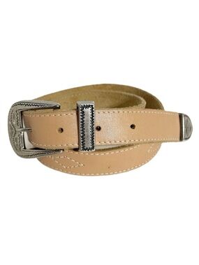 Unbranded Tan Leather Belt with Silver Toned Buckle Belt Keeper Tip Stitching